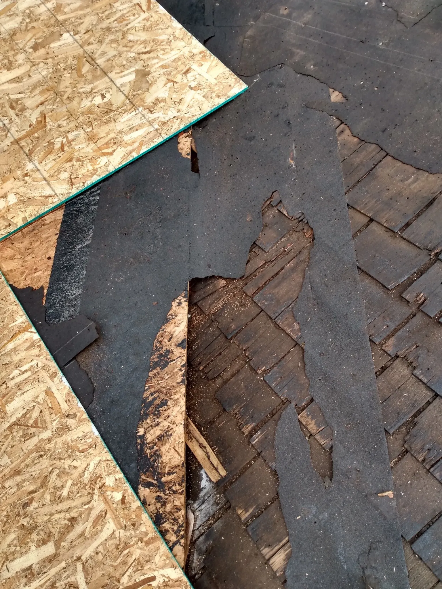 Plywood sheets partially cover old, damaged black roofing felt, revealing worn wooden boards underneath. The roofing material is torn and peeling, exposing the deteriorated surface below.