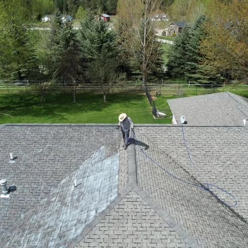 A person wearing a hat is pressure washing a shingled roof, cleaning away dirt in a diagonal strip. Trees and grassy yards surround the house, with neighboring homes in the background.