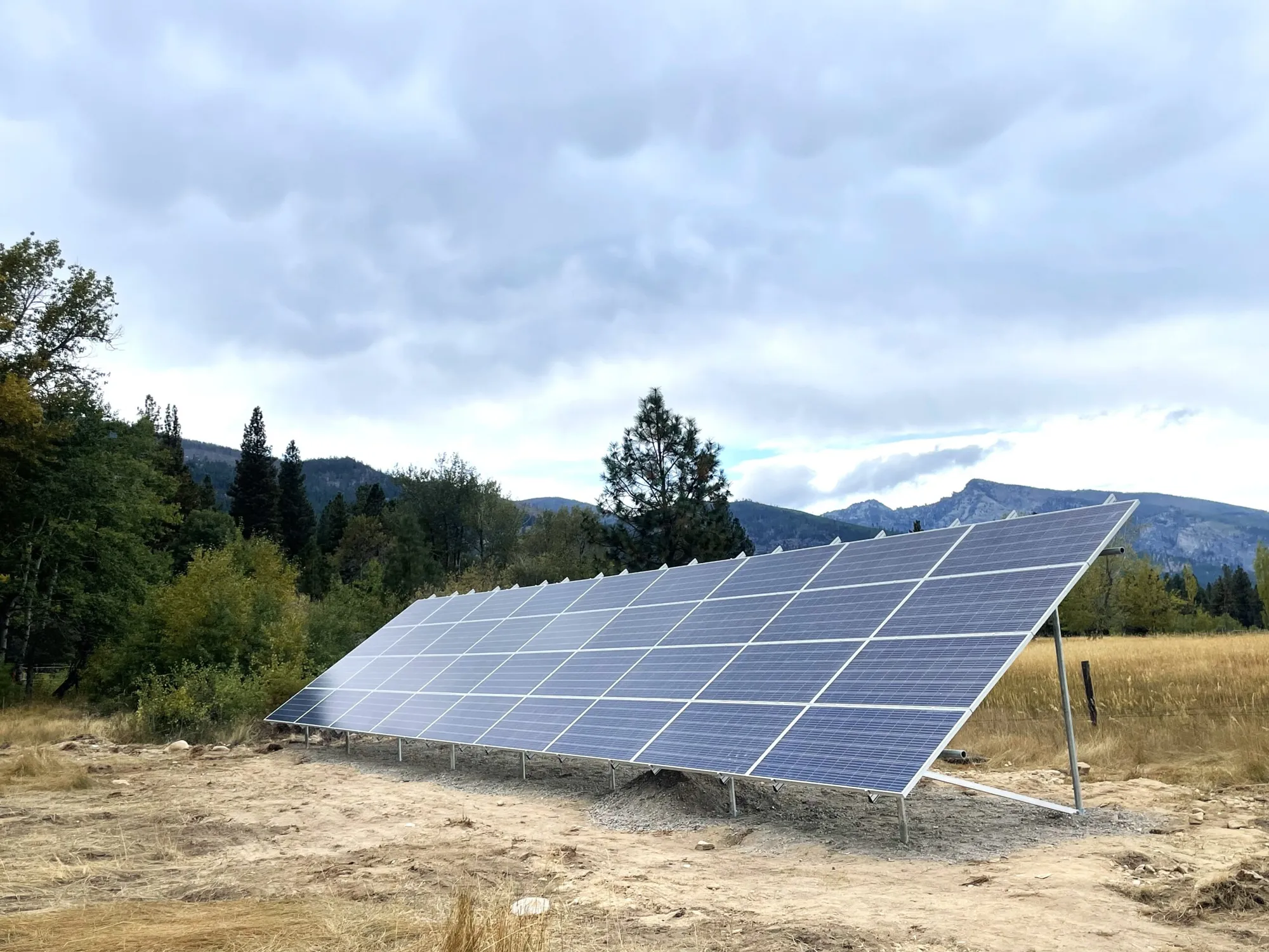 A large array of solar panels is installed in an open field with trees and mountains in the background under a cloudy sky.